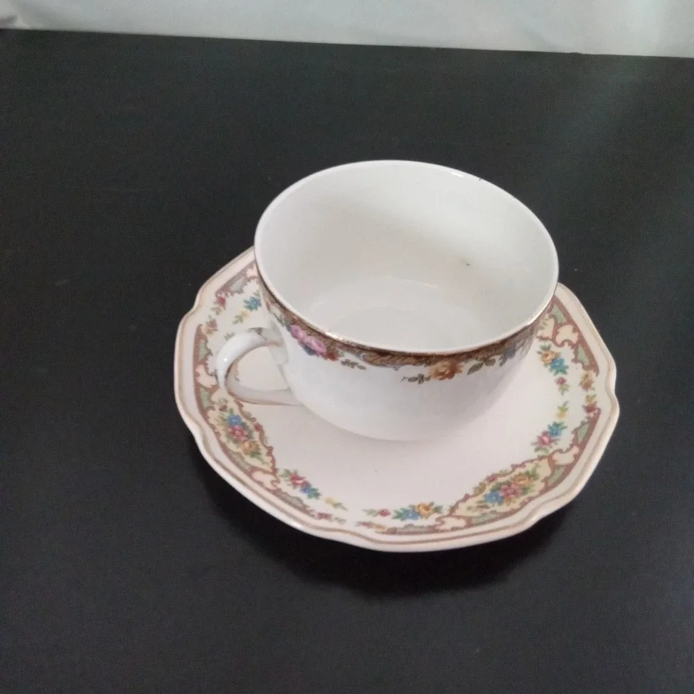 Vintage Floral Porcelain Teacup and Saucer Set Gold Rim Scalloped Edge White